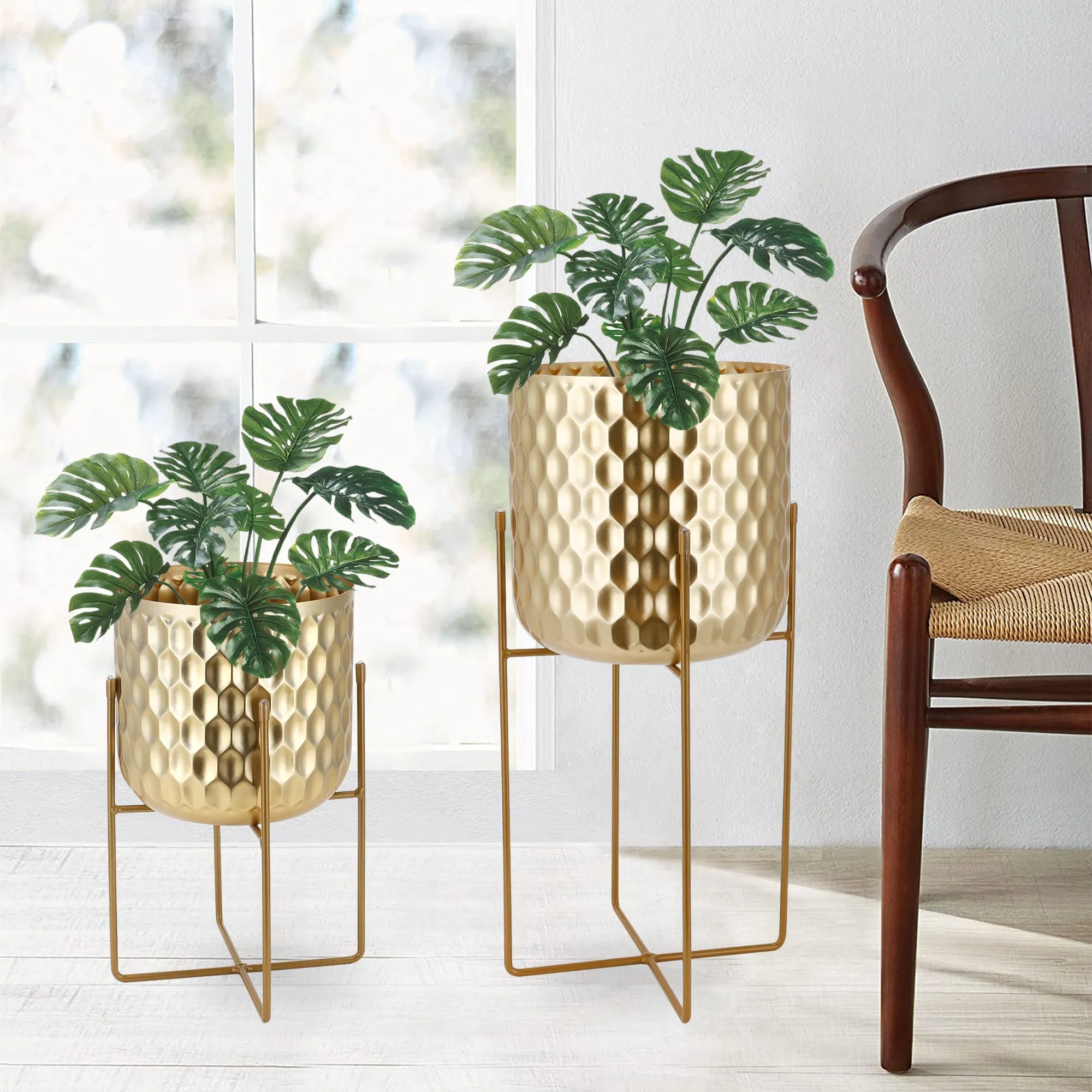 12"&18"H Golden Honeycomb Embossed Flowerpots(Set of 2)