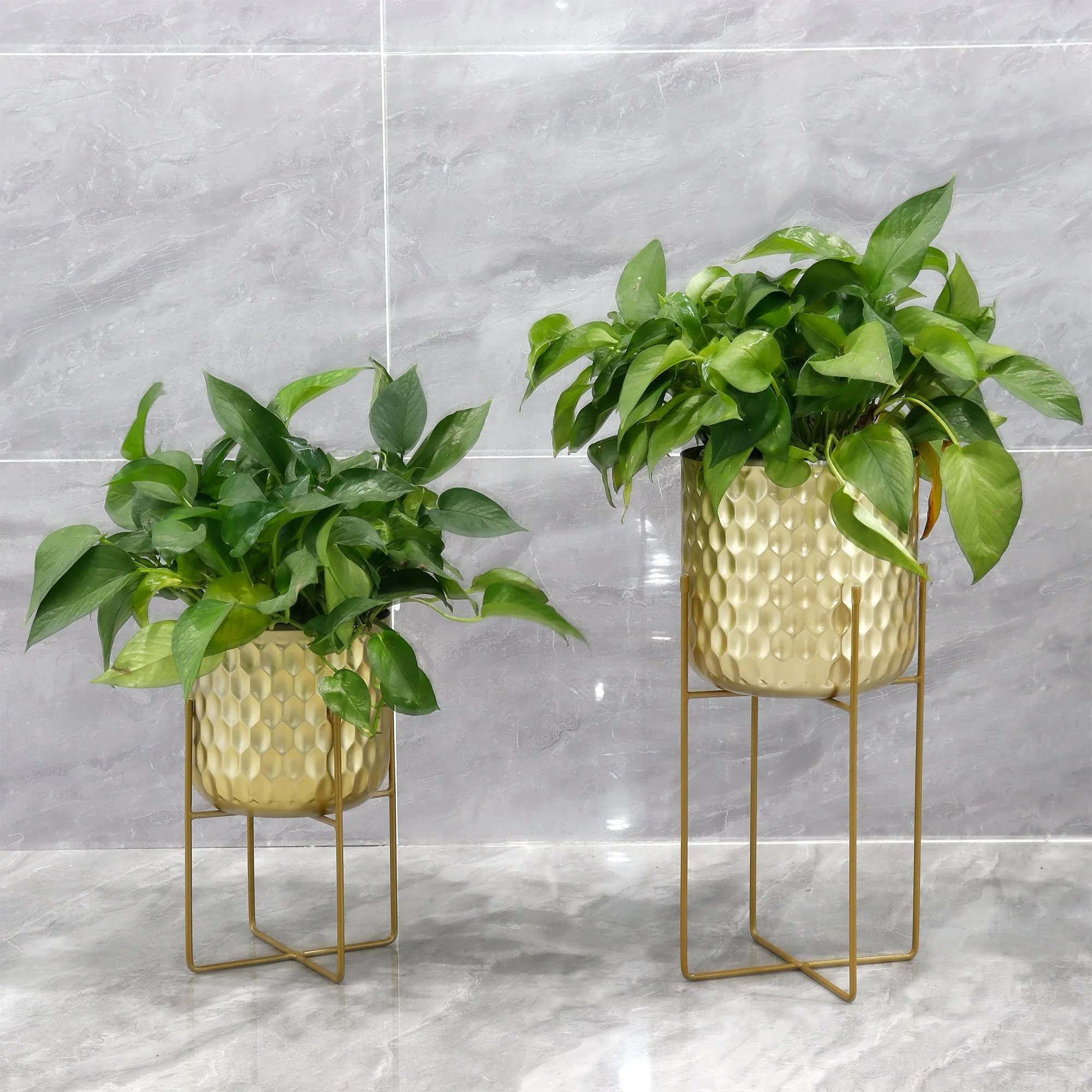 12"&18"H Golden Honeycomb Embossed Flowerpots(Set of 2)