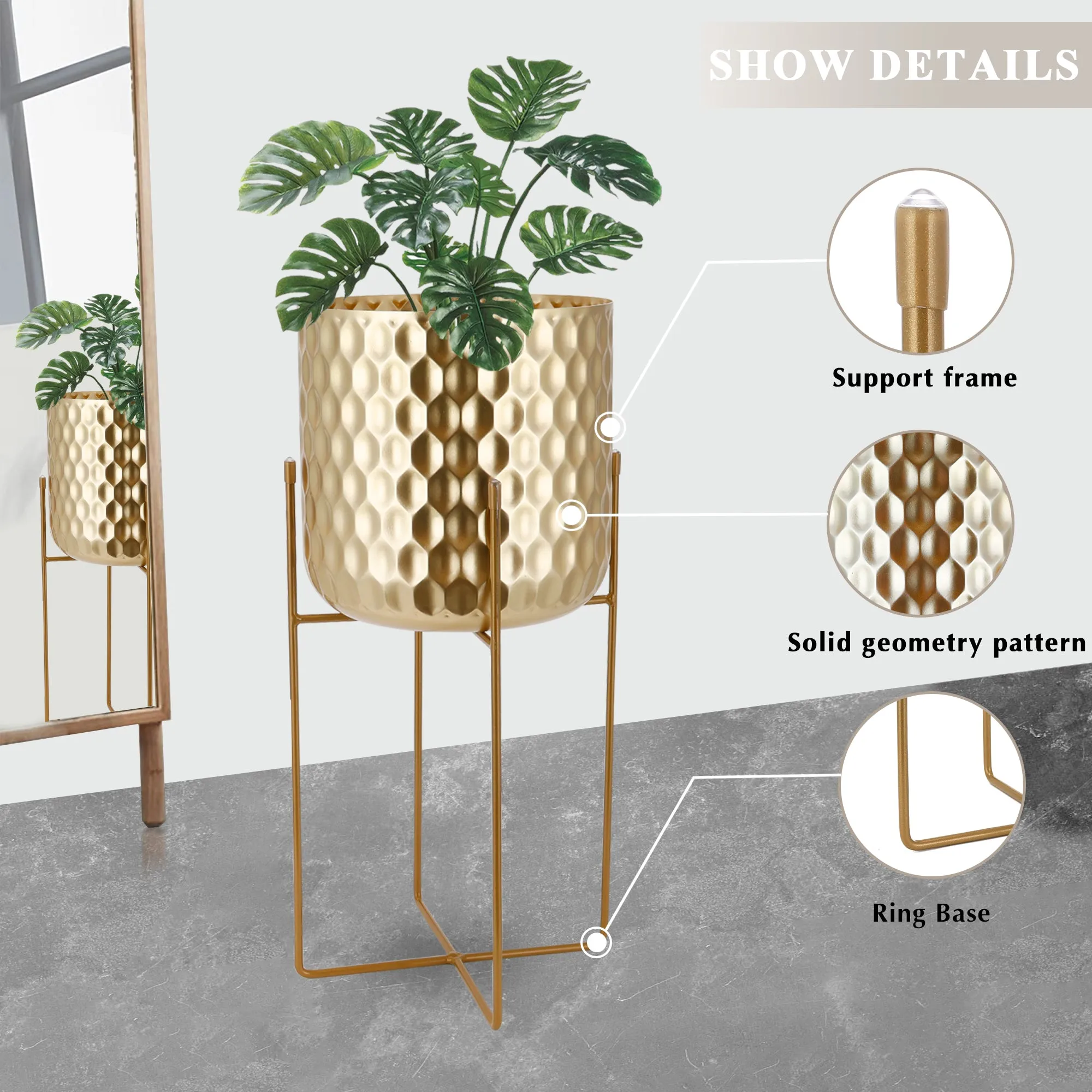 12"&18"H Golden Honeycomb Embossed Flowerpots(Set of 2)