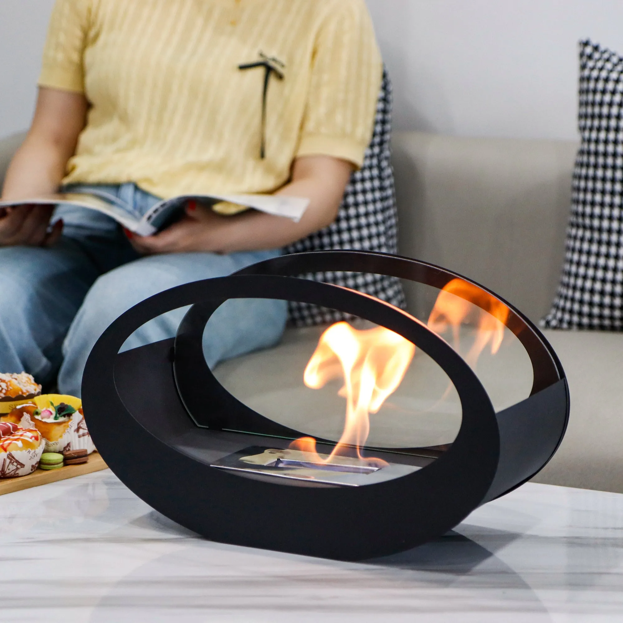 16"x9.5"H Black Metal Double Sided Oval Tabletop Fireplace