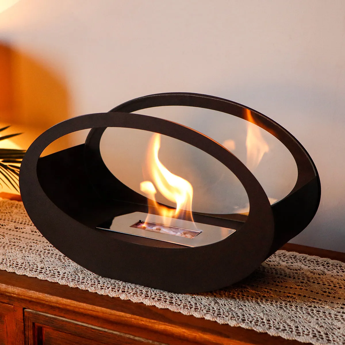 16"x9.5"H Black Metal Double Sided Oval Tabletop Fireplace