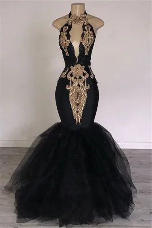 2025 Sexy Prom Dresses Black Mermaid Tulle With Gold Appliques V Neck Backless