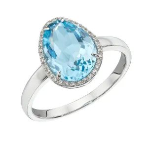 9ct White Gold Irregular Cut Blue Topaz & Diamond Halo Cluster Ring