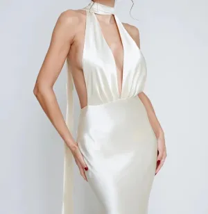 A&A Deep Plunge Satin Backless Maxi Evening Dress