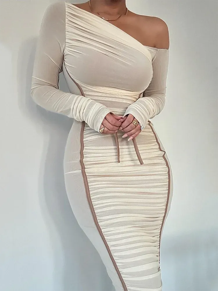 A&A One Shoulder Mesh Long Sleeve Ruched Midi Dress