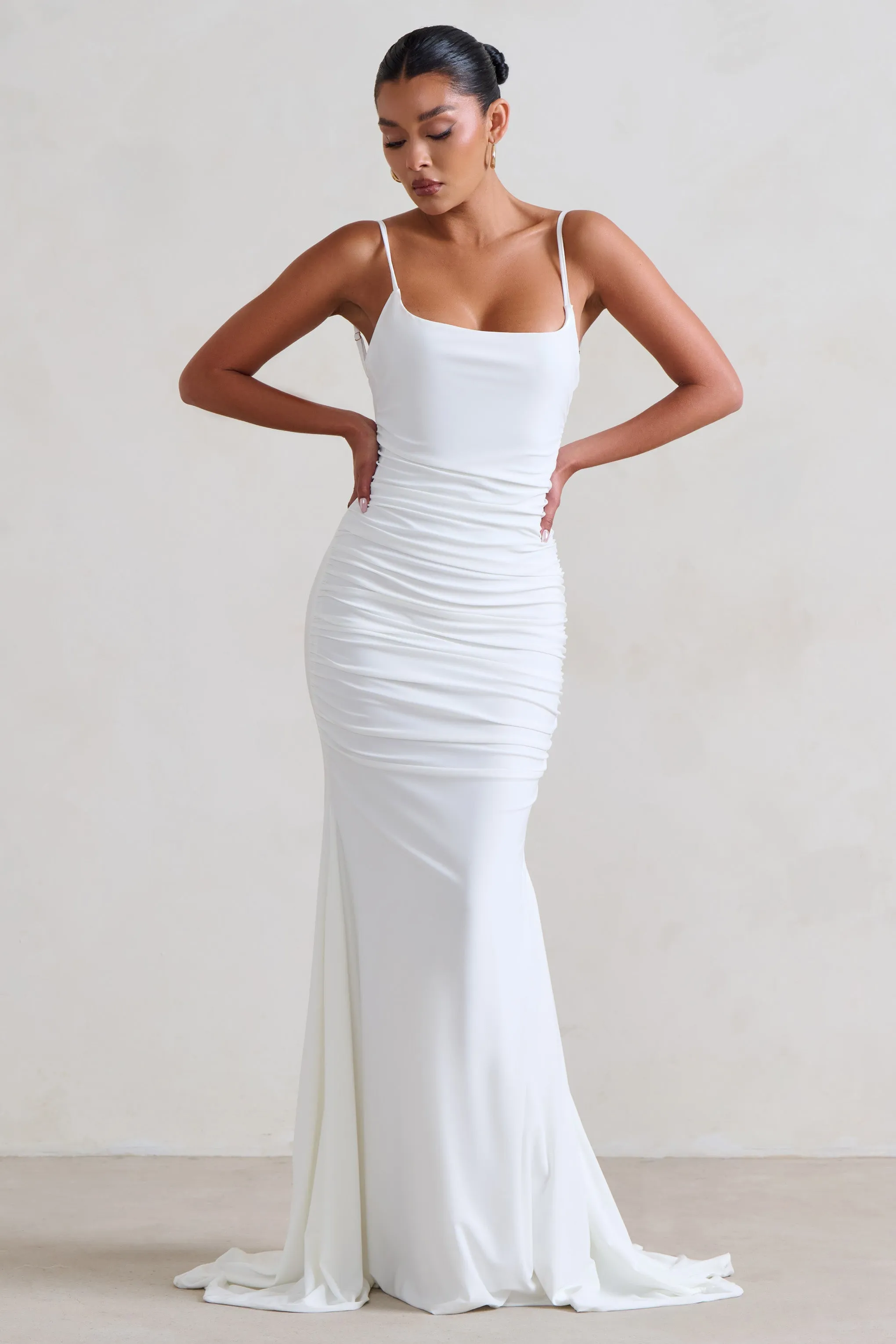 Adele | White Ruched Fishtail Cami Maxi Dress