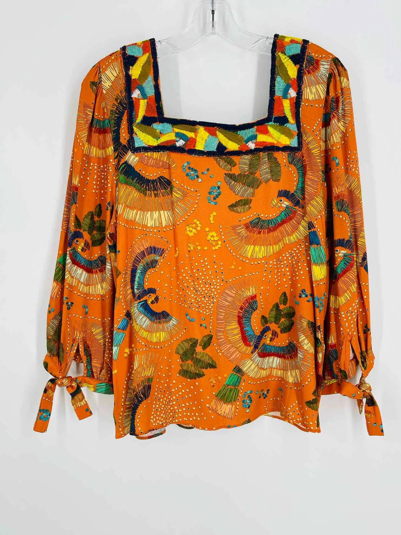 Anthropologie Size S Orange/Multi Print Embroidered Designer Top-Long Sleeve