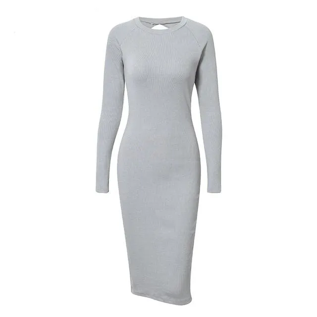 Backless Knitted Bodycon Elegant Office Long Sleeve Sexy  Dress