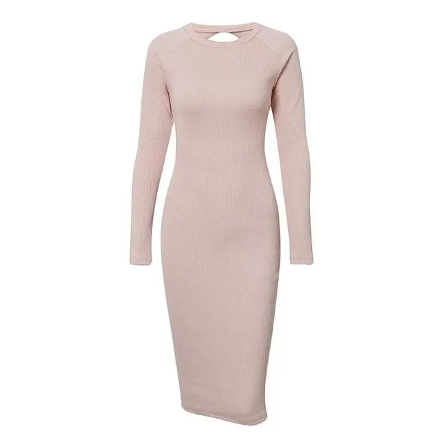 Backless Knitted Bodycon Elegant Office Long Sleeve Sexy  Dress