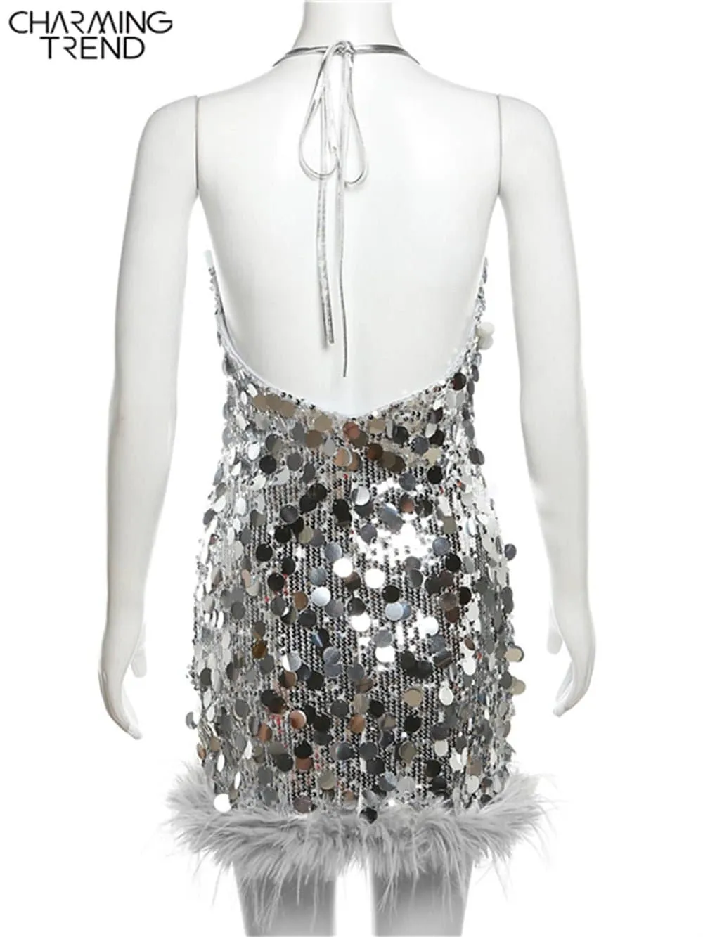 Backless Sequins Mini Dress with Spaghetti Straps, Clubwear