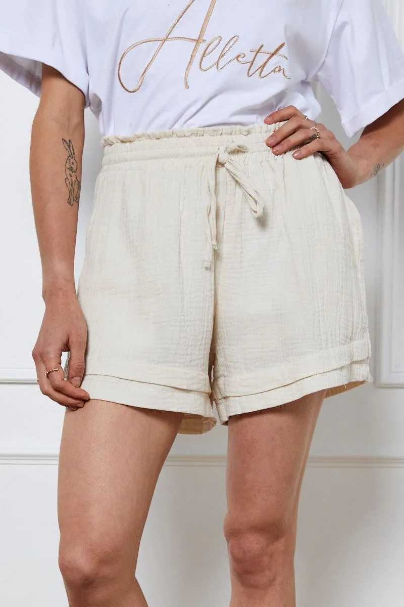 Beige Textured Shorts High Waist