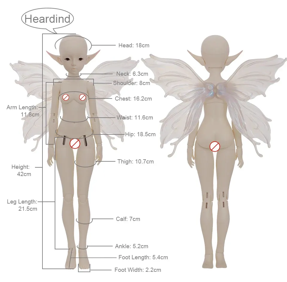 BJD Doll 1/4  Heardind | Flashing Wing Fishtail Skirt, Detachable Magnetic Fairy Ears, Handmade Artist Ball-Jointed Doll