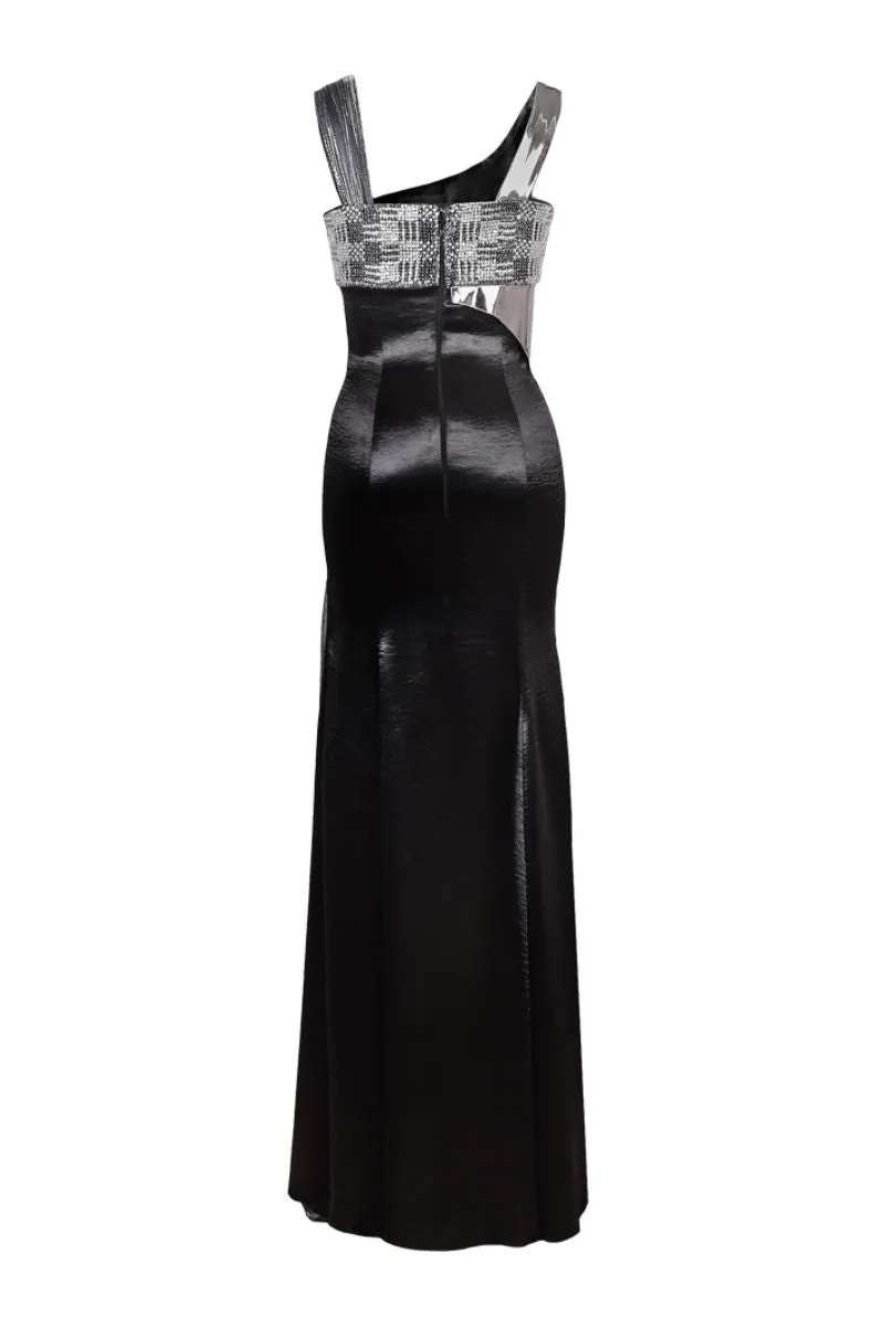 BLACK SEQUIN BUSTIER ASYMMETRIC GOWN