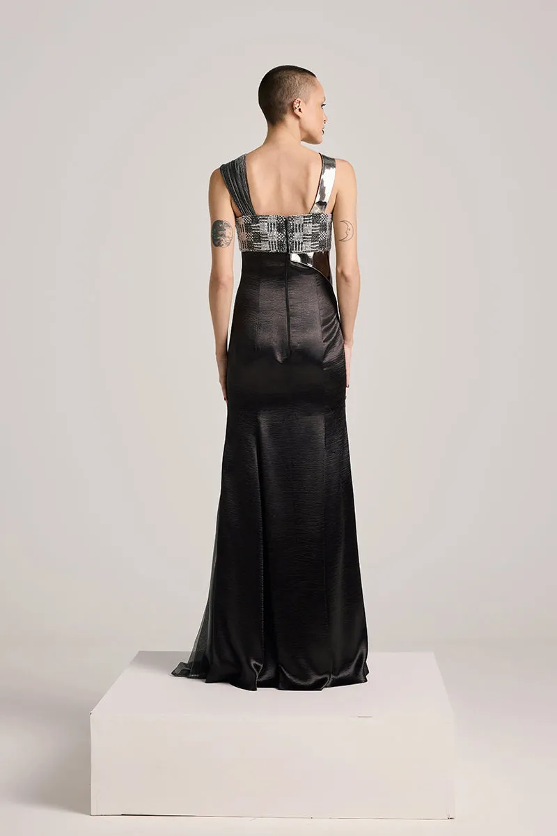 BLACK SEQUIN BUSTIER ASYMMETRIC GOWN