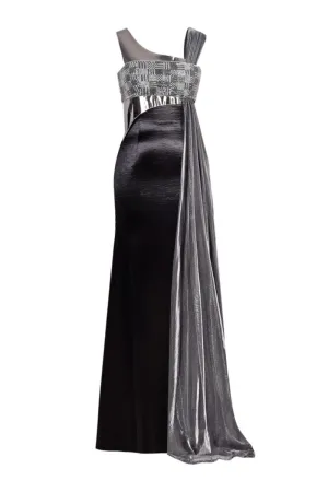 BLACK SEQUIN BUSTIER ASYMMETRIC GOWN