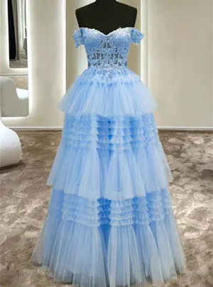 Blue Tulle Off the Shoulder Appliques Tiers Prom Dress