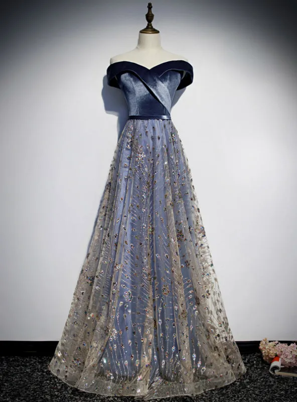 Blue Tulle Sequins Off the Shoulder Prom Dresses