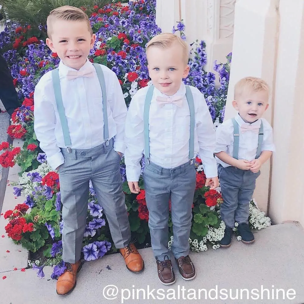 Blush Bow Tie & Light Gray Elastic Suspenders