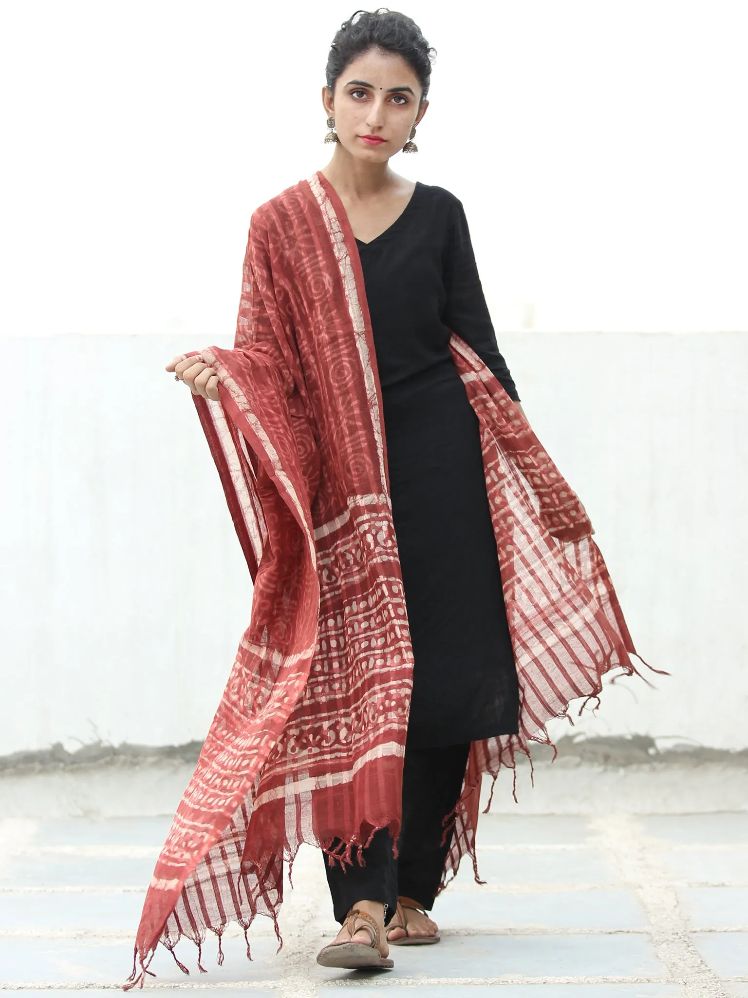 Brick Red Ivory Handloom Cotton Hand Block Printed Dupatta - D04170521