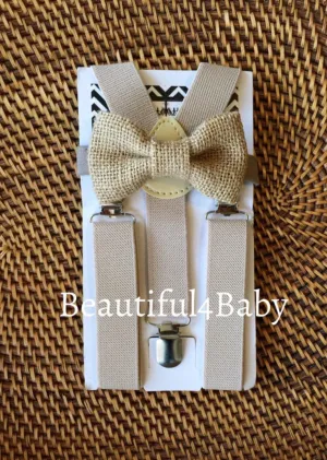 Burlap Bow Tie & Tan Suspenders Set