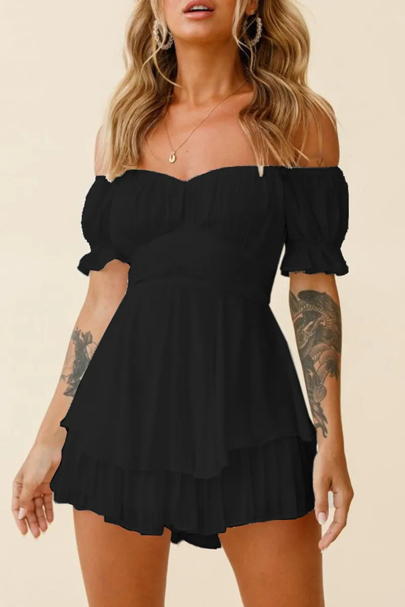 Casual Solid Flounce Off the Shoulder Straight Rompers(9 Colors)