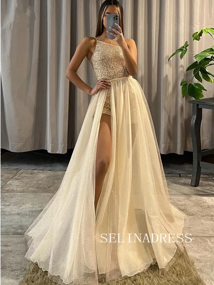 Chic One Shoulder Spaghetti Straps Gorgeous Prom Dresses Shiny Evening Dress TKH028