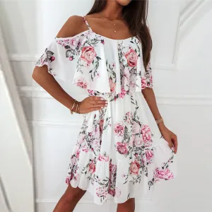 Chiffon Print Sling Off-Shoulder Loose Ruffle Hem Dress