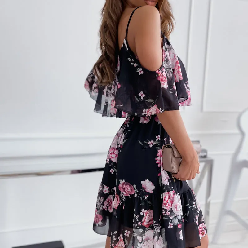 Chiffon Print Sling Off-Shoulder Loose Ruffle Hem Dress