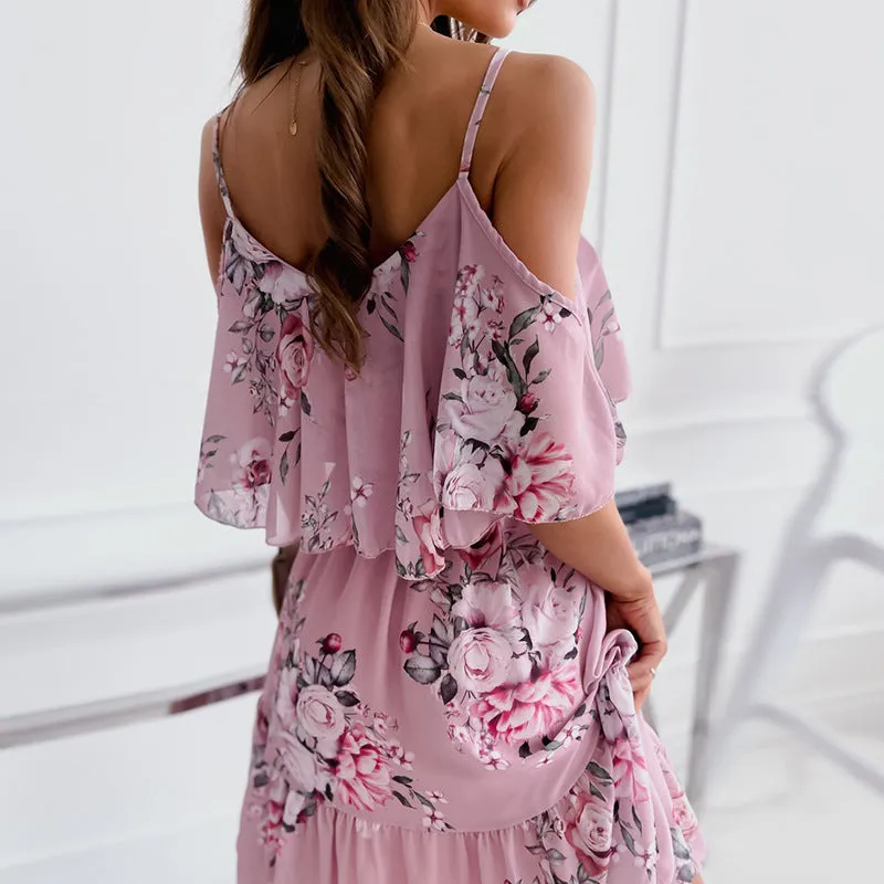 Chiffon Print Sling Off-Shoulder Loose Ruffle Hem Dress