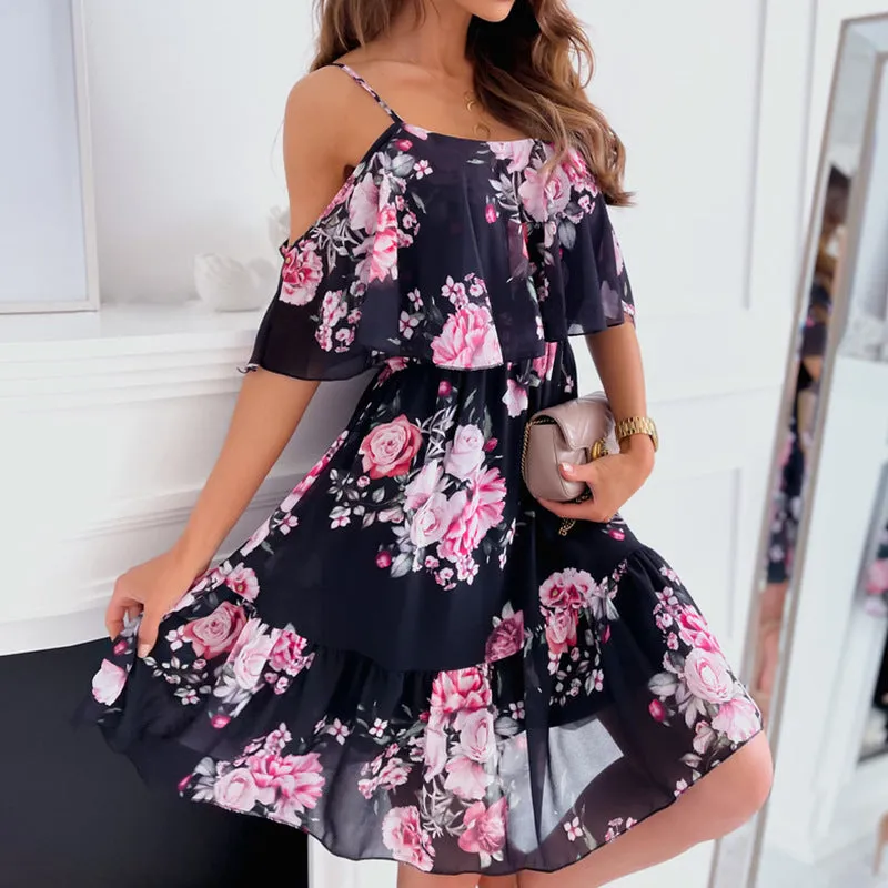 Chiffon Print Sling Off-Shoulder Loose Ruffle Hem Dress