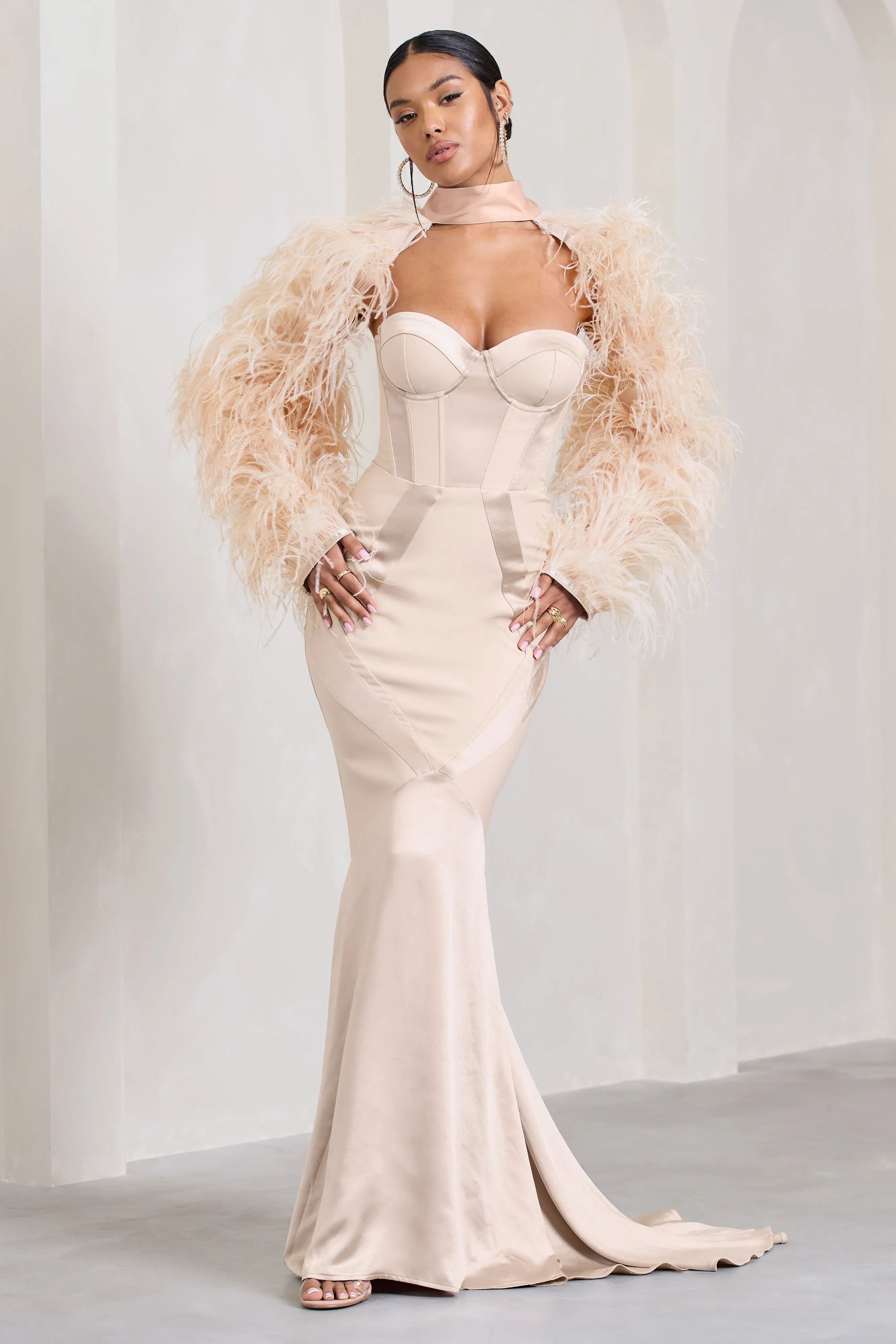 Custom | Champagne Satin Sweetheart Corset Fishtail Maxi Dress