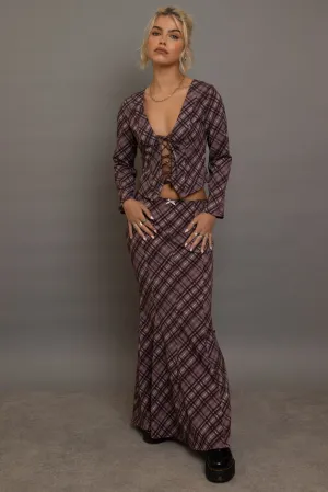 Daisy Street - Burgundy Check Fishtail Maxi Skirt