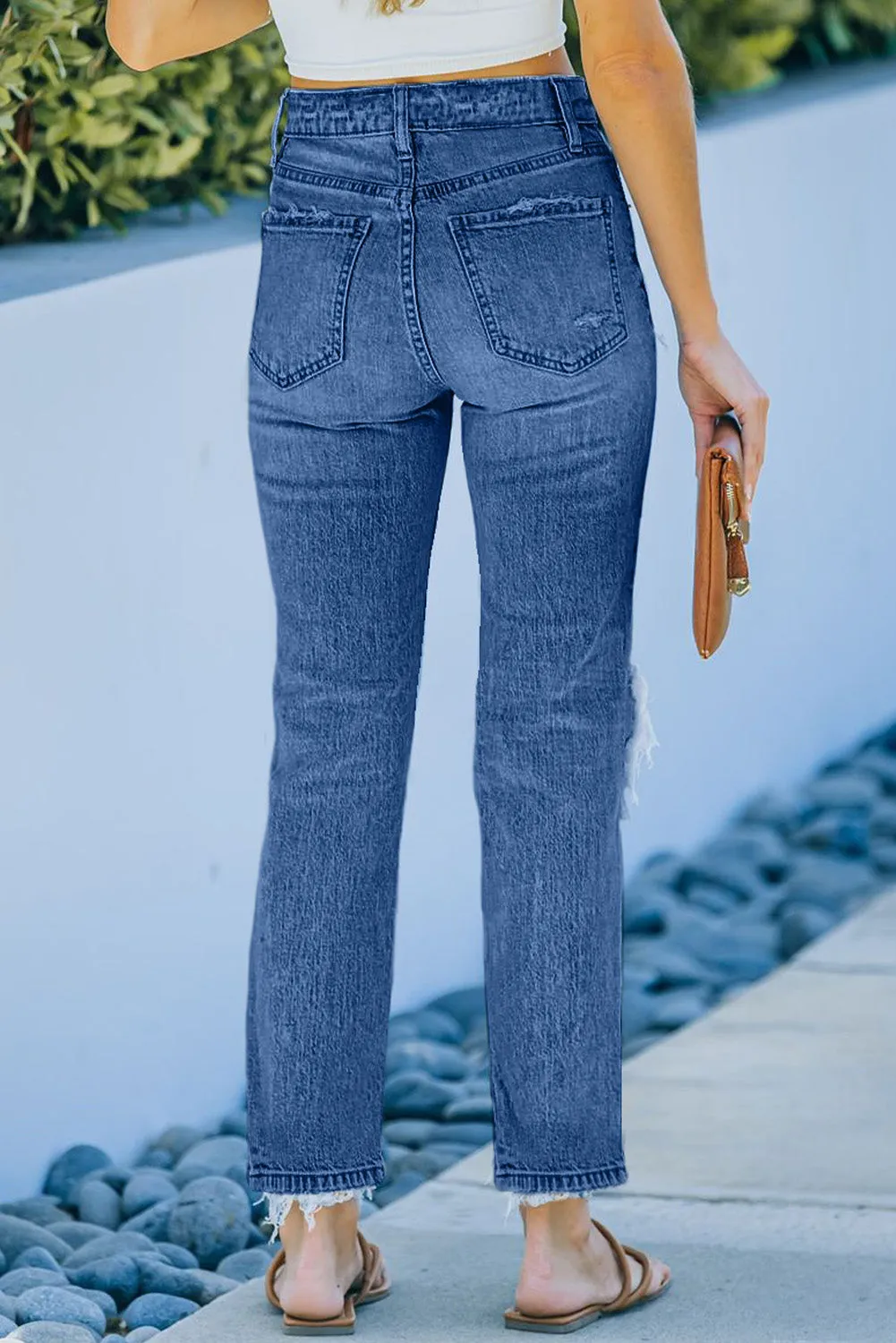 Dark Blue Distressed Holes Straight Jeans