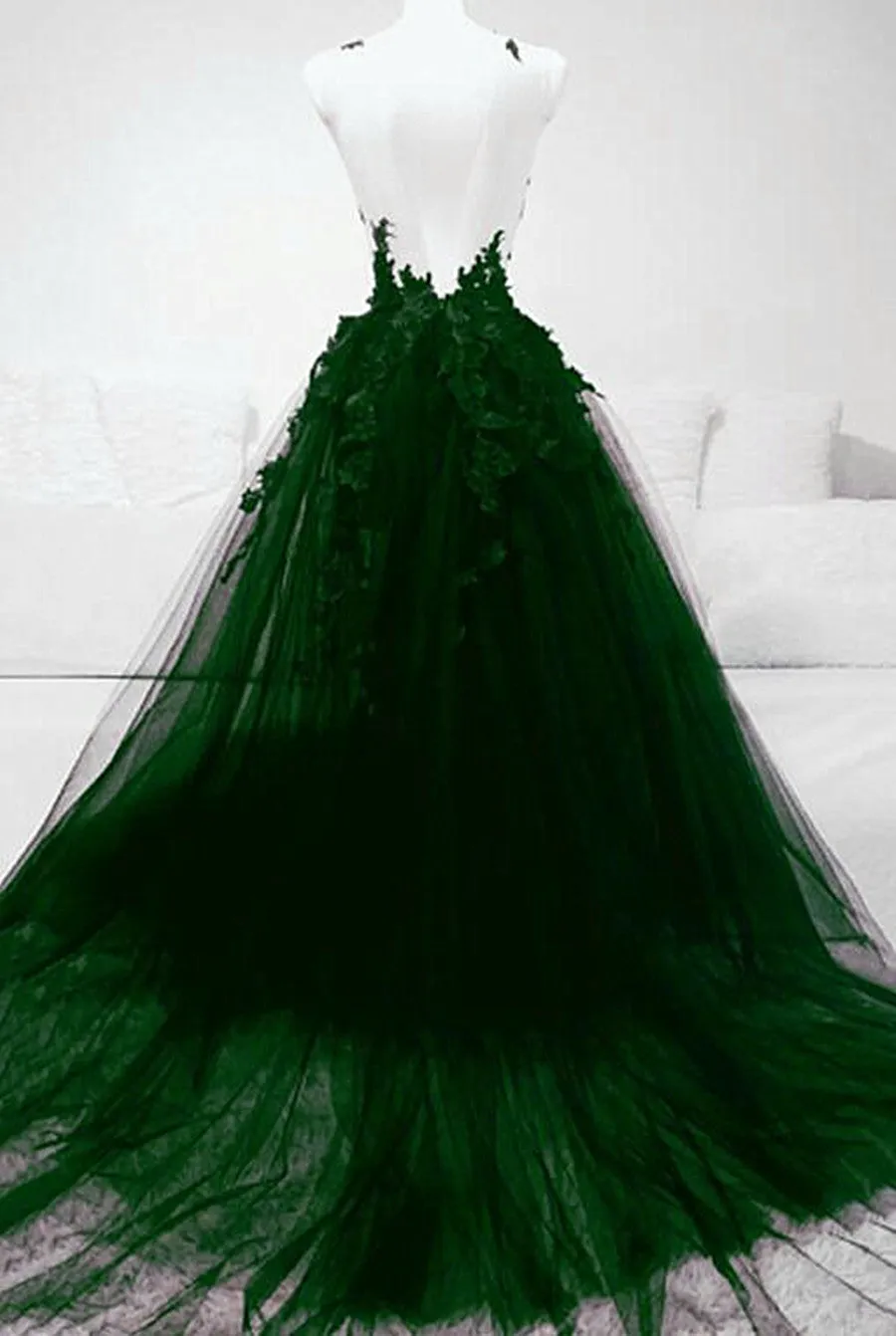 Dark Green Tulle With Lace Deep Neckline Backless Prom Dress Dark Green Party Dress