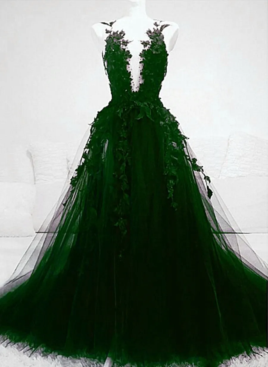 Dark Green Tulle With Lace Deep Neckline Backless Prom Dress Dark Green Party Dress