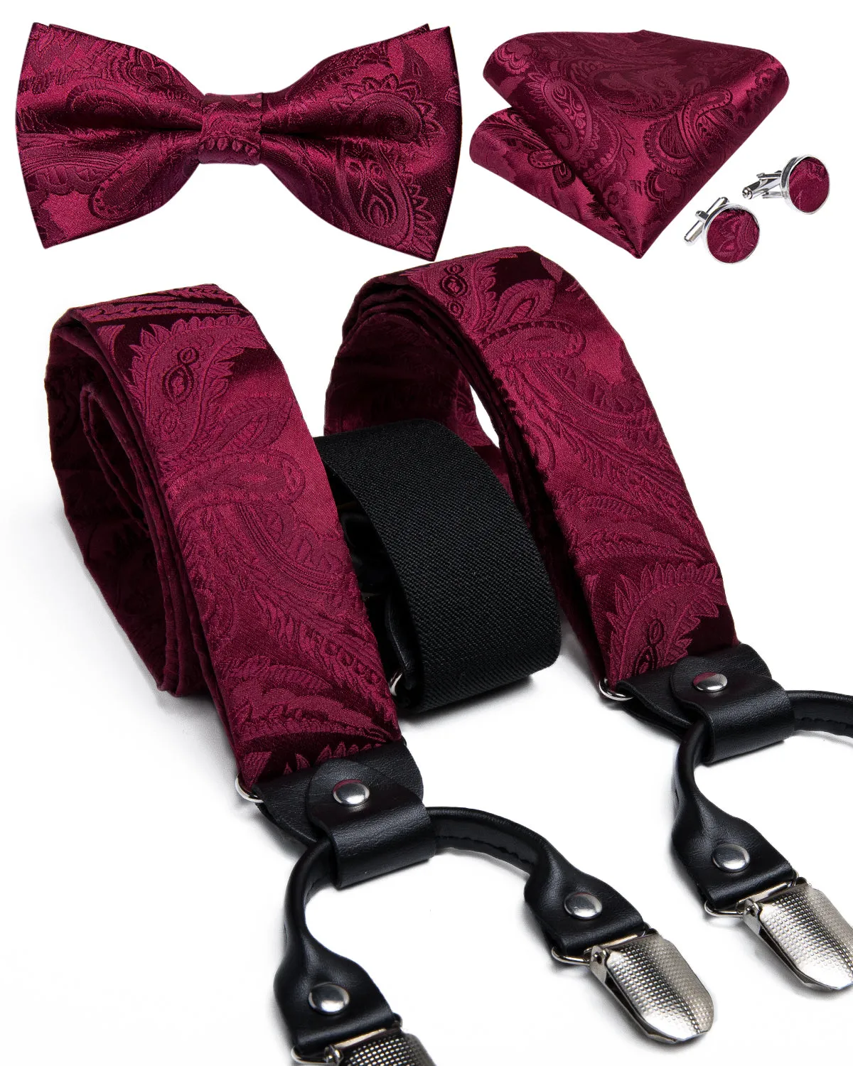 DiBanGu Men's Suspenders Burgundy Paisley Brace Clip-on Suspender with Bow Tie Set