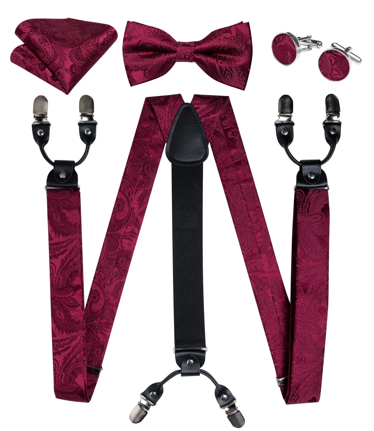 DiBanGu Men's Suspenders Burgundy Paisley Brace Clip-on Suspender with Bow Tie Set