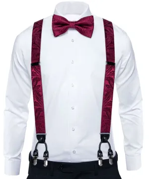 DiBanGu Men's Suspenders Burgundy Paisley Brace Clip-on Suspender with Bow Tie Set