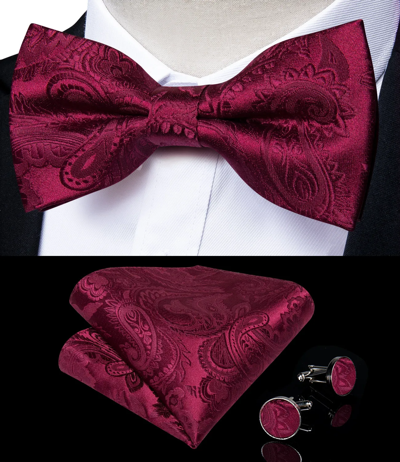 DiBanGu Men's Suspenders Burgundy Paisley Brace Clip-on Suspender with Bow Tie Set