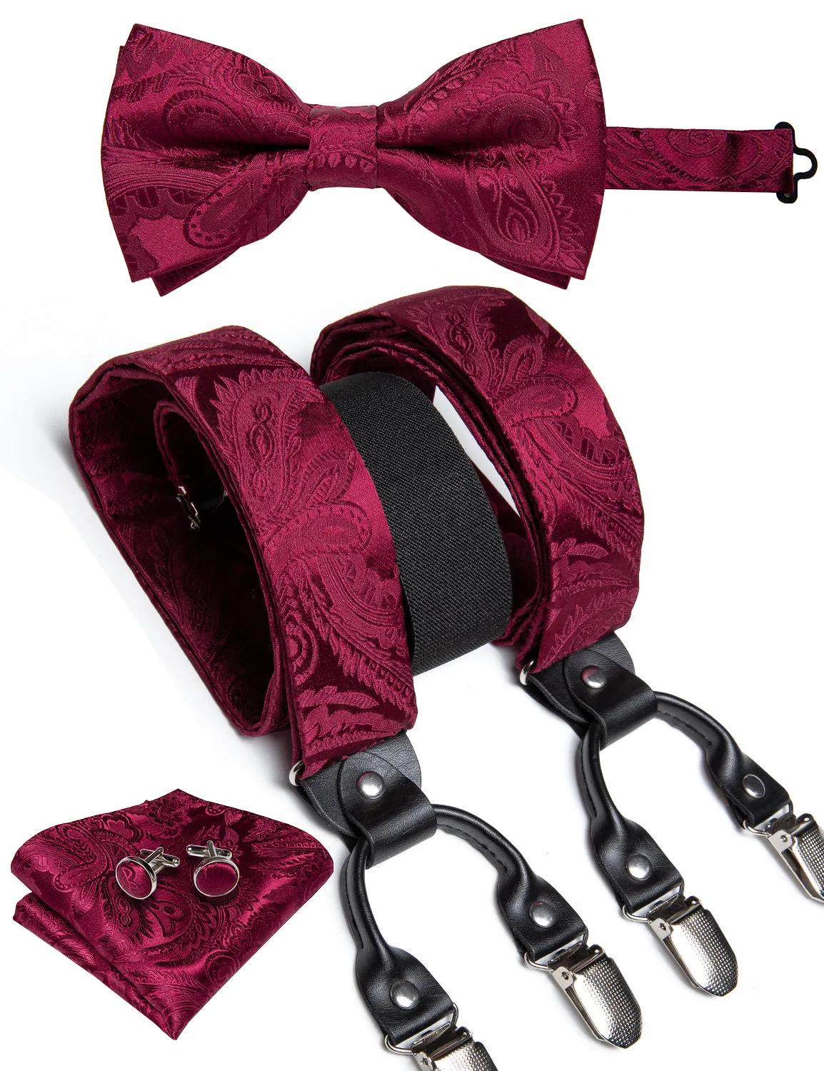 DiBanGu Men's Suspenders Burgundy Paisley Brace Clip-on Suspender with Bow Tie Set