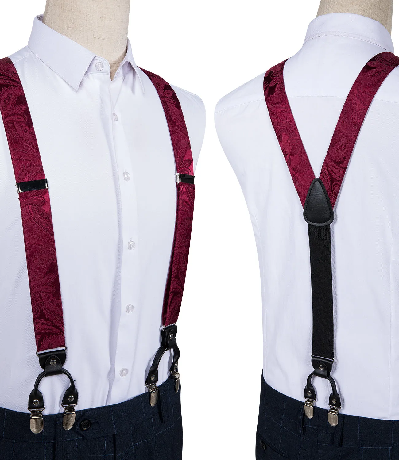 DiBanGu Men's Suspenders Burgundy Paisley Brace Clip-on Suspender with Bow Tie Set