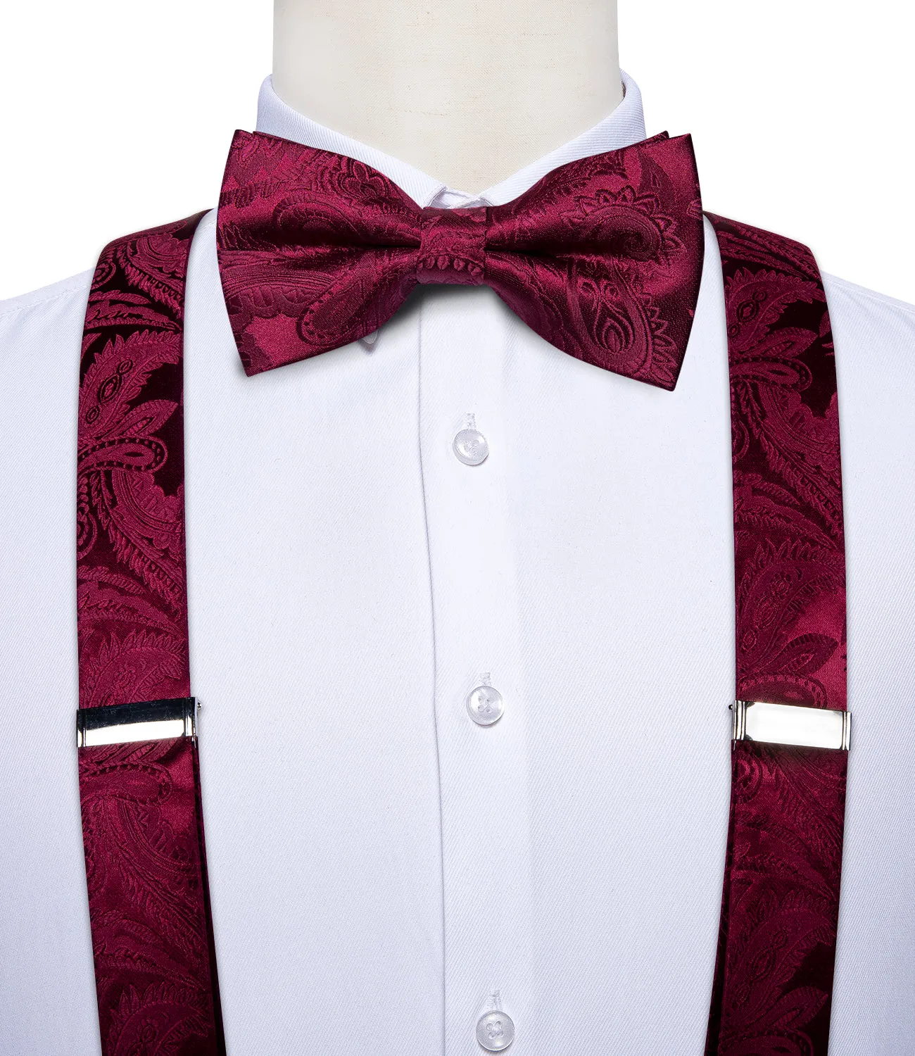 DiBanGu Men's Suspenders Burgundy Paisley Brace Clip-on Suspender with Bow Tie Set