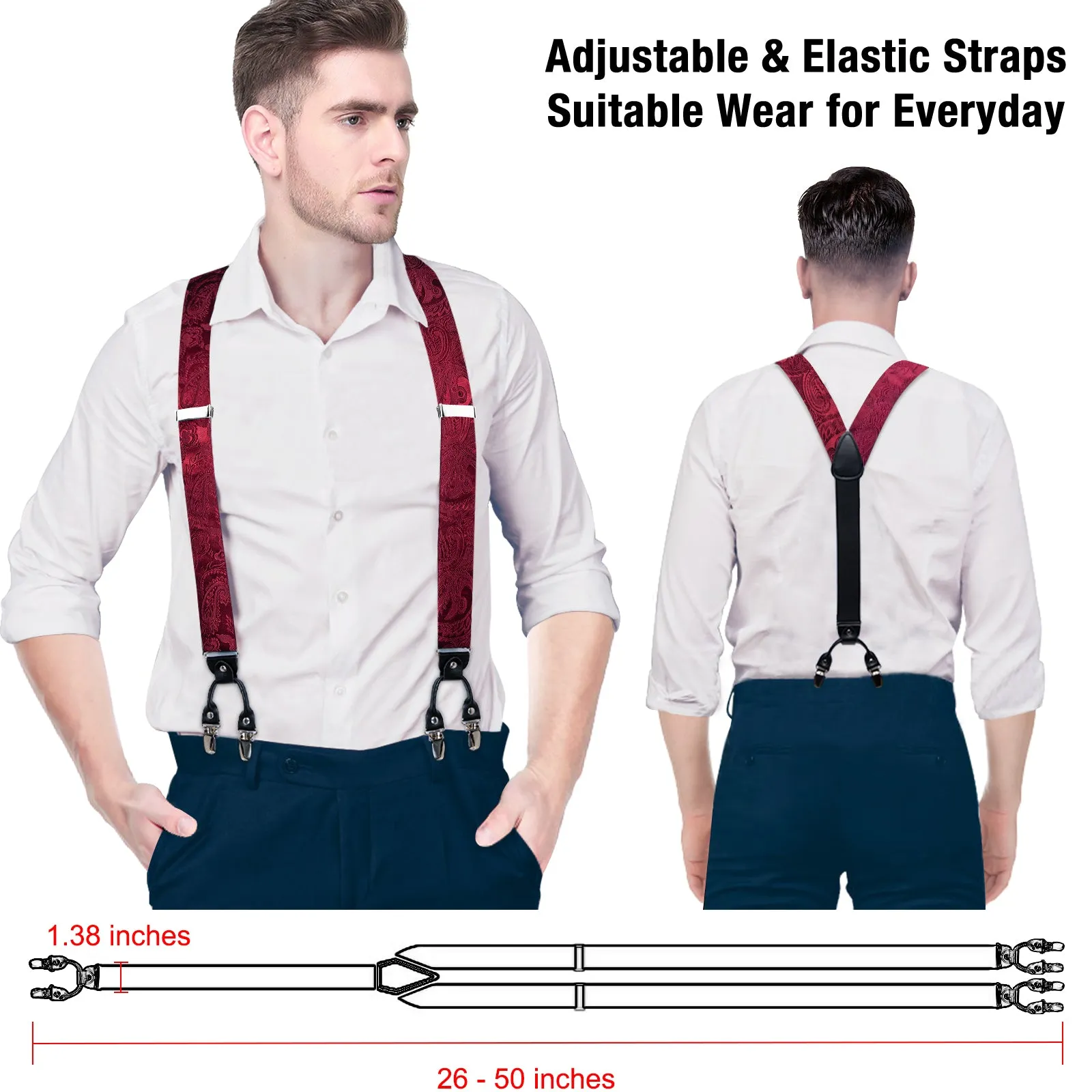 DiBanGu Men's Suspenders Burgundy Paisley Brace Clip-on Suspender with Bow Tie Set