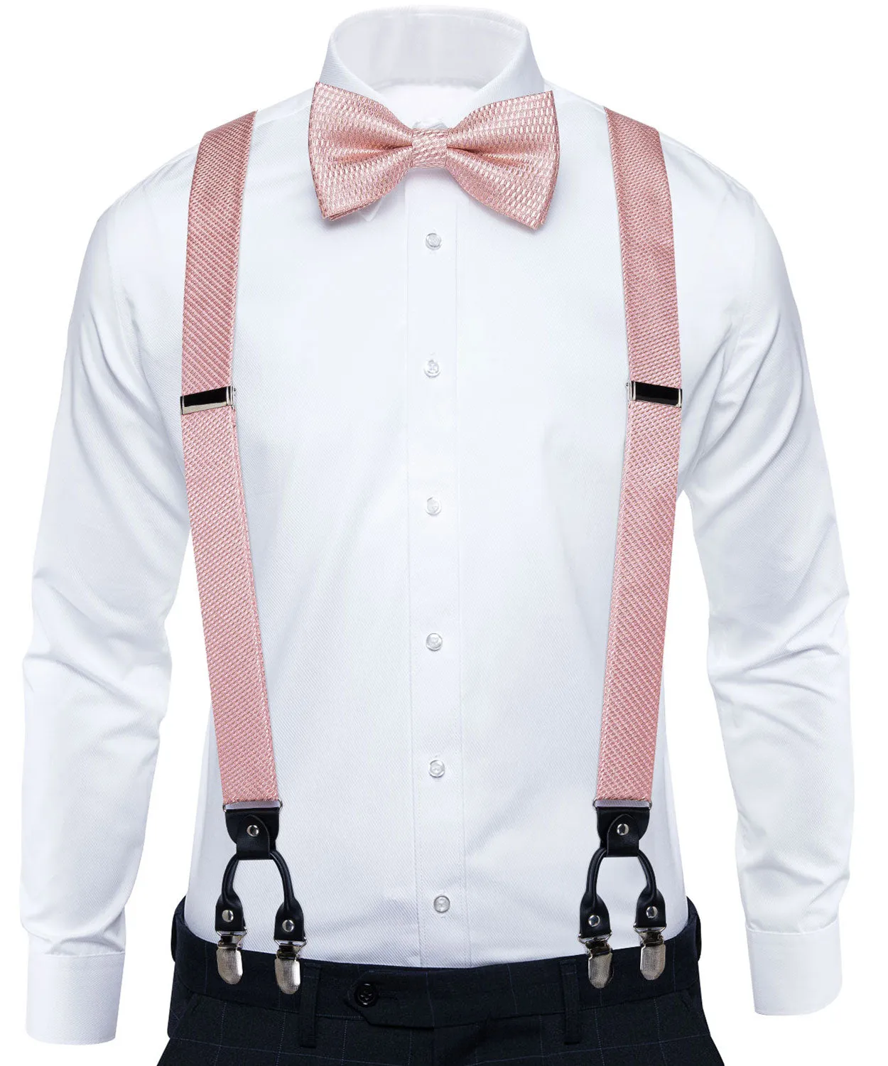 DiBanGu Men's Suspenders Pink Solid Brace Clip-on Suspender with Bow Tie Set