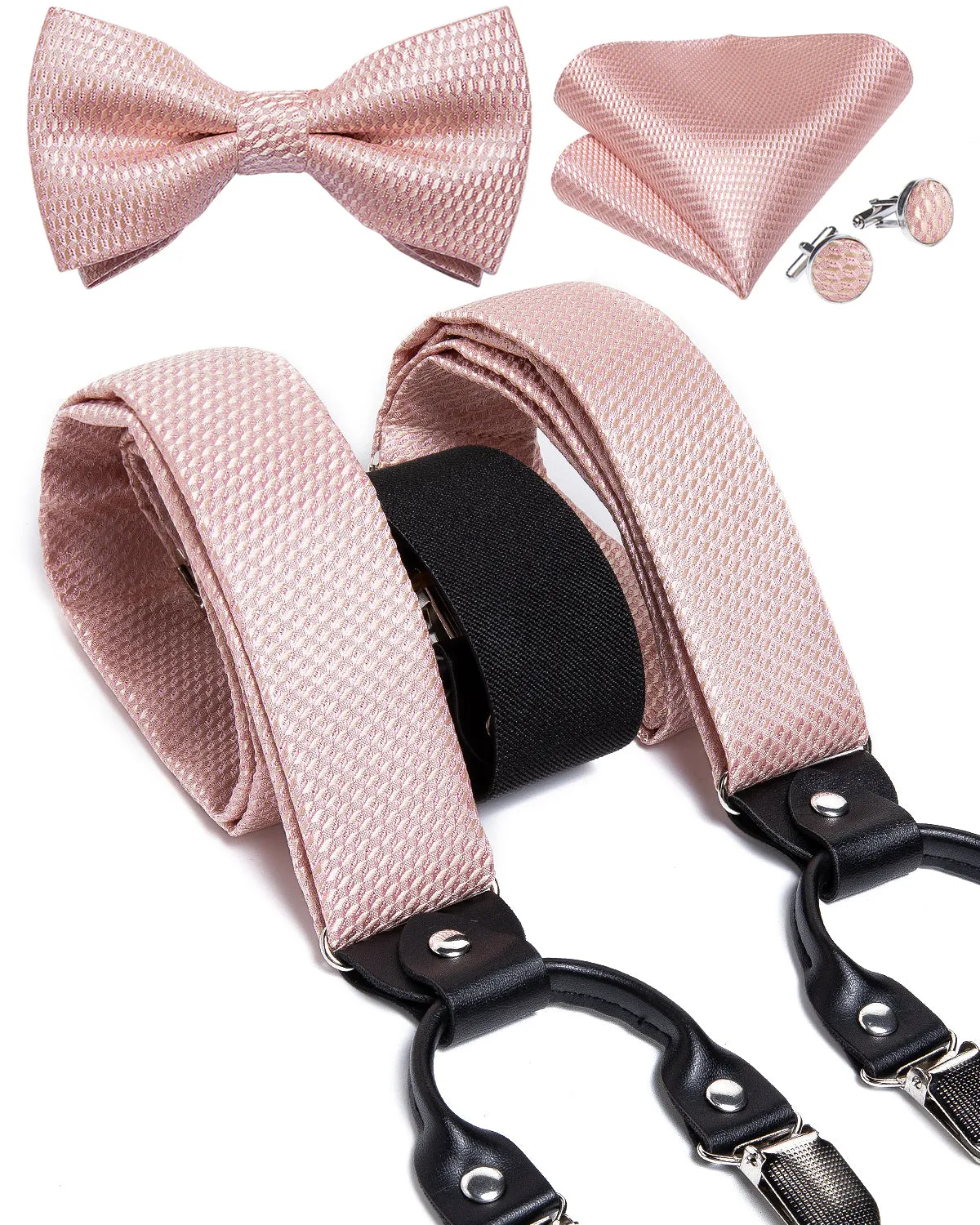 DiBanGu Men's Suspenders Pink Solid Brace Clip-on Suspender with Bow Tie Set