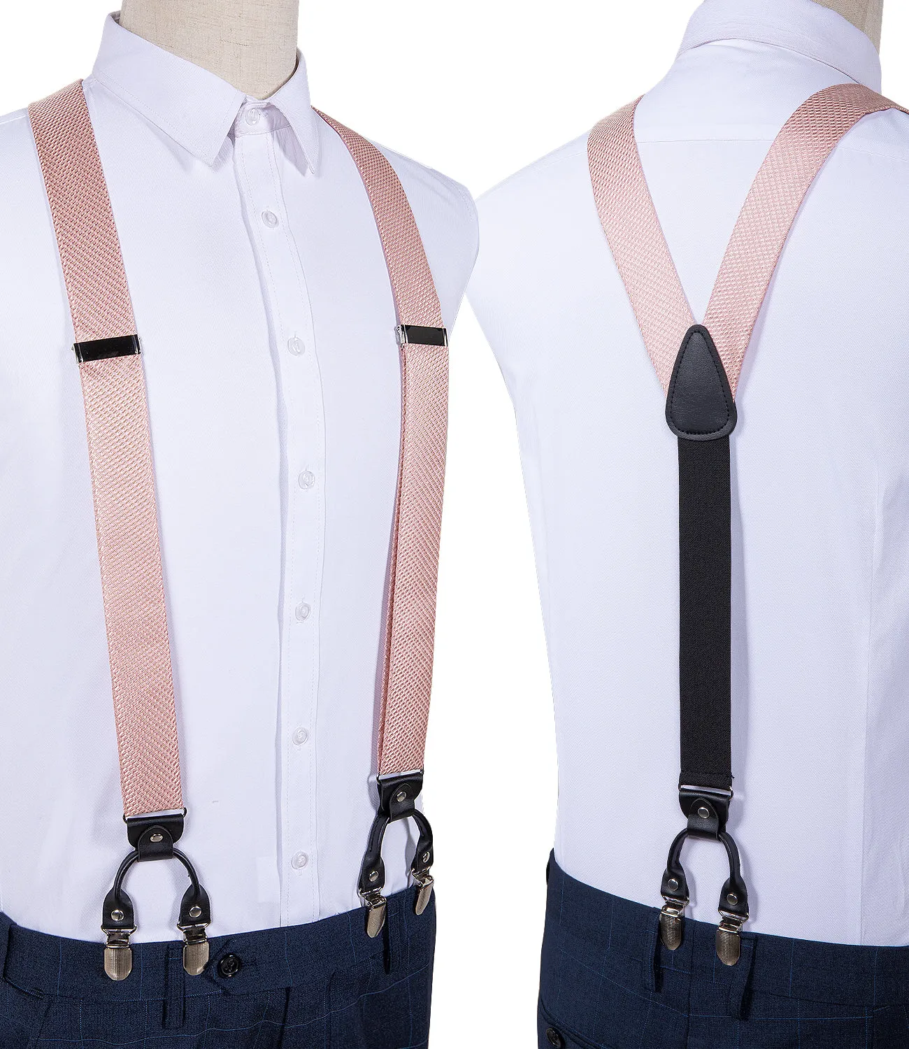 DiBanGu Men's Suspenders Pink Solid Brace Clip-on Suspender with Bow Tie Set