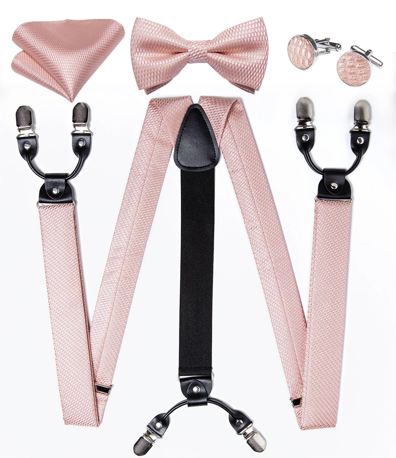 DiBanGu Men's Suspenders Pink Solid Brace Clip-on Suspender with Bow Tie Set