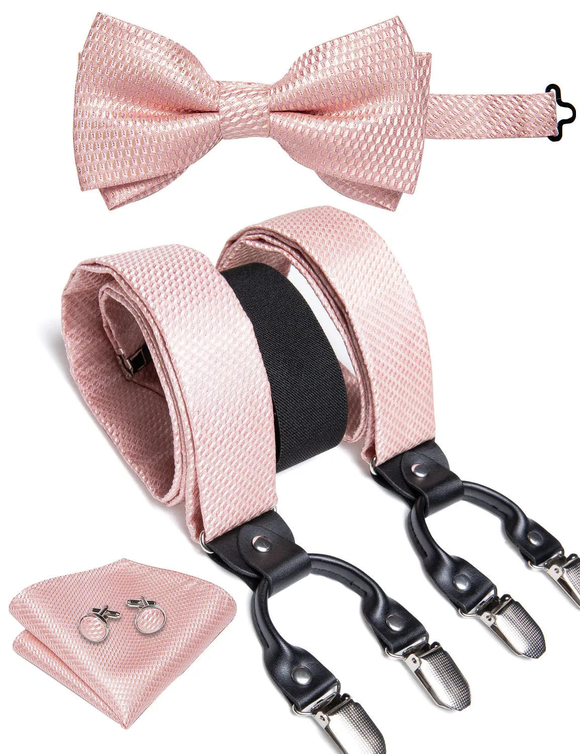 DiBanGu Men's Suspenders Pink Solid Brace Clip-on Suspender with Bow Tie Set