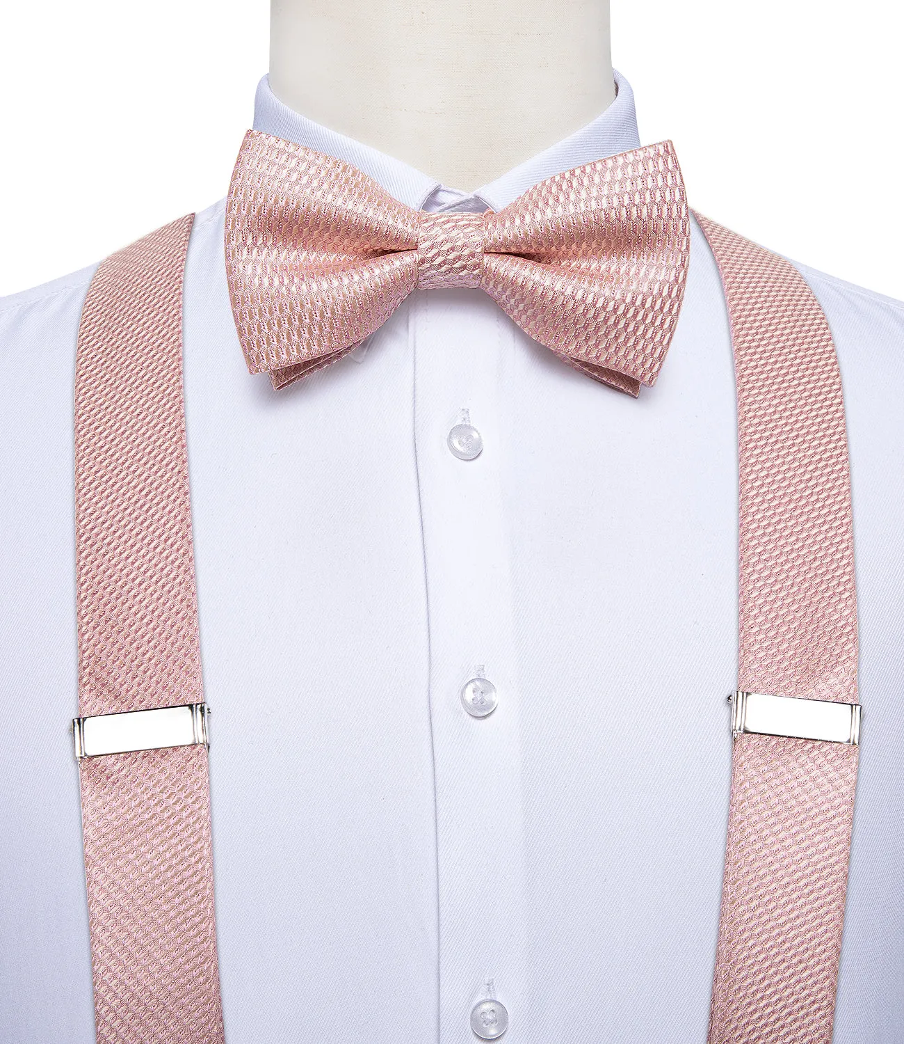 DiBanGu Men's Suspenders Pink Solid Brace Clip-on Suspender with Bow Tie Set