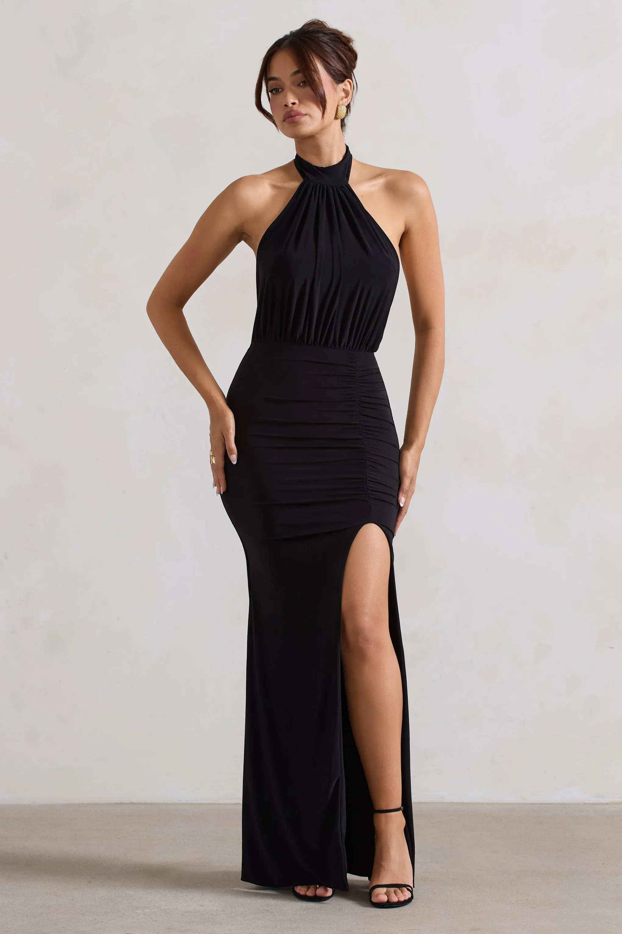 Forever Dreaming | Black Backless Halter Neck Ruched Split Maxi Dress